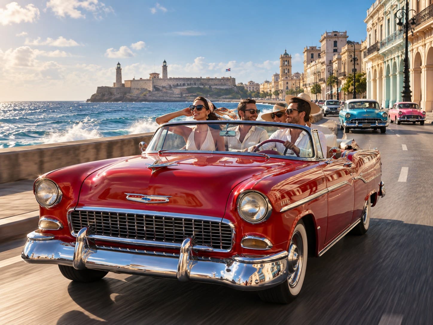 A red 1950s convertible on the Malecón, with El Morro across the bay