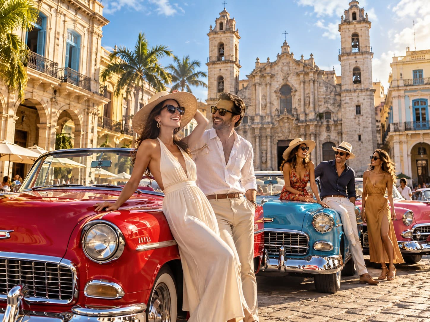 Travellers beside classic convertibles in the square in front of Havana Cathedral