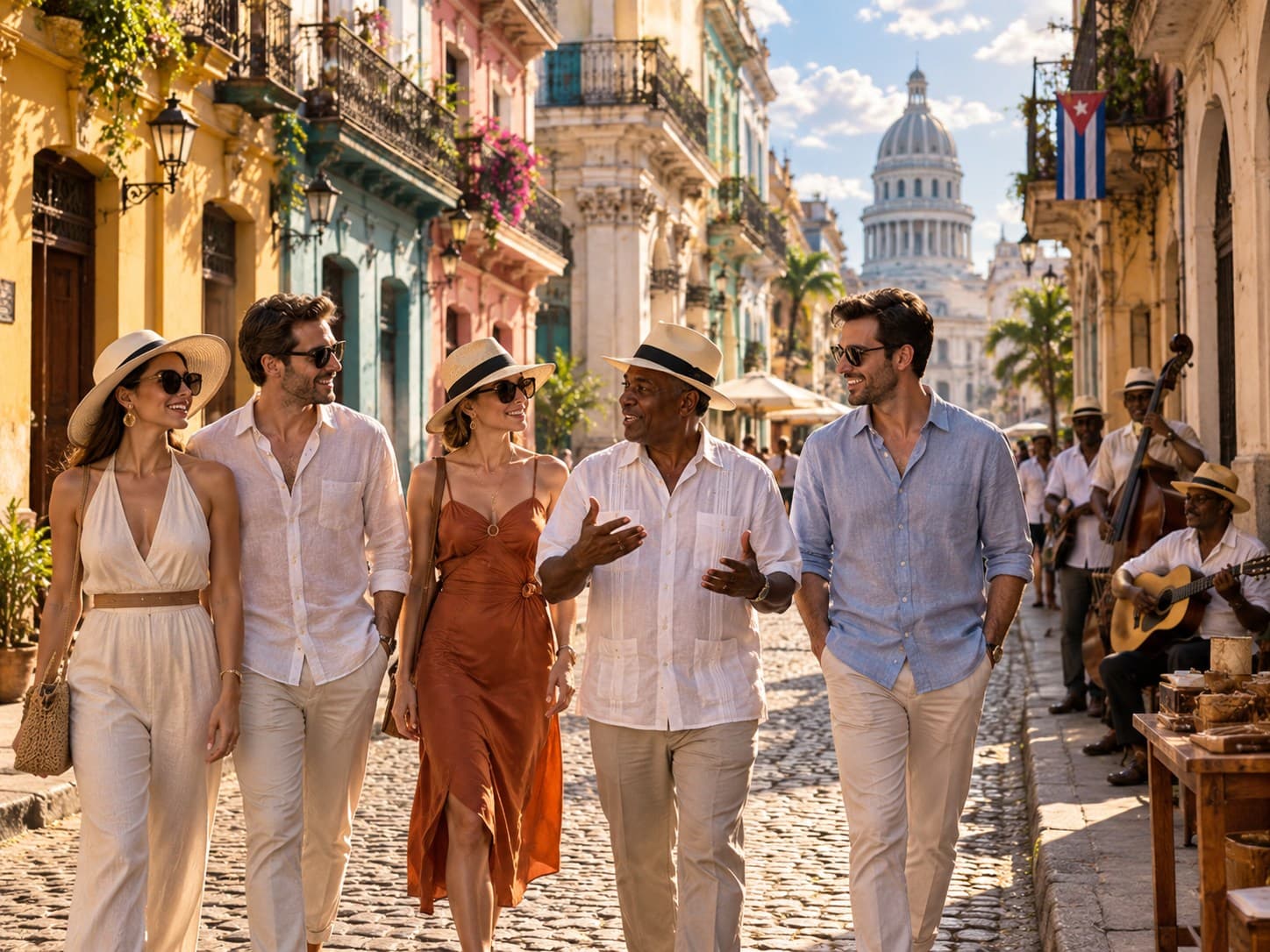 A local guide walking with travellers through Old Havana, the Capitolio dome behind them