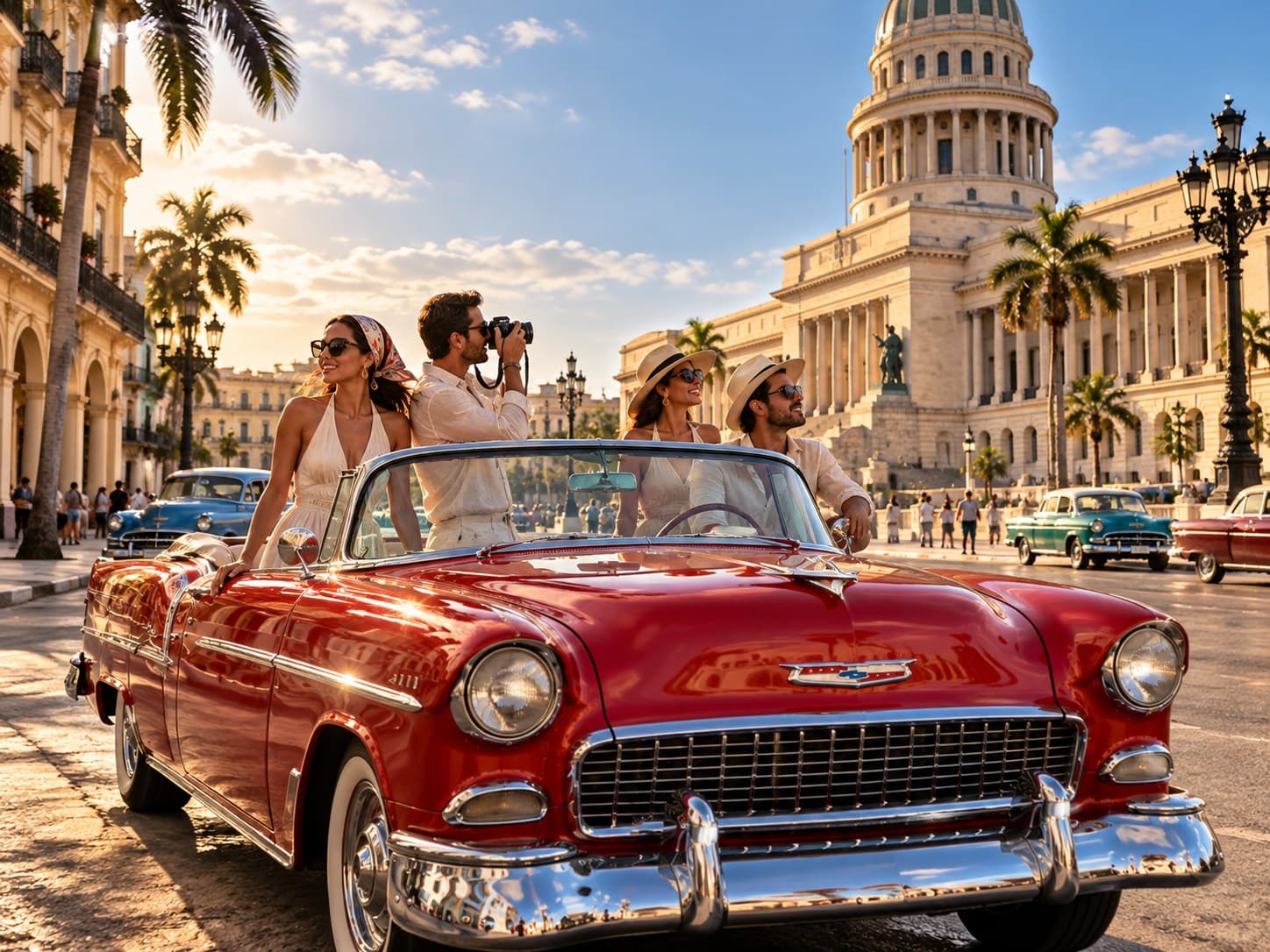 A red classic convertible in front of the Capitolio, a traveller taking a photograph