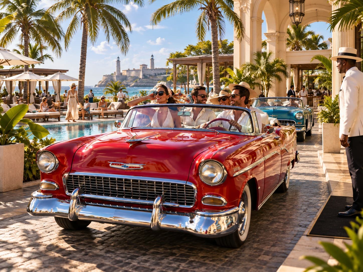 A red classic convertible arriving at a poolside club, a host waiting at the door