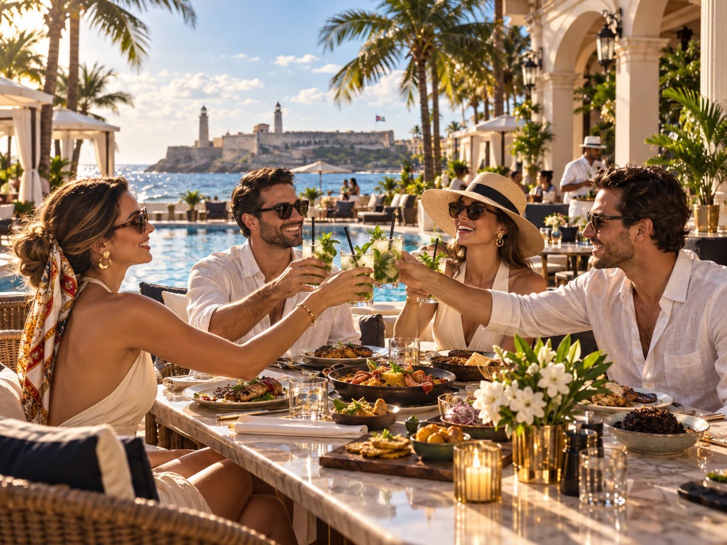 Lunch and a toast by the pool, El Morro in the distance