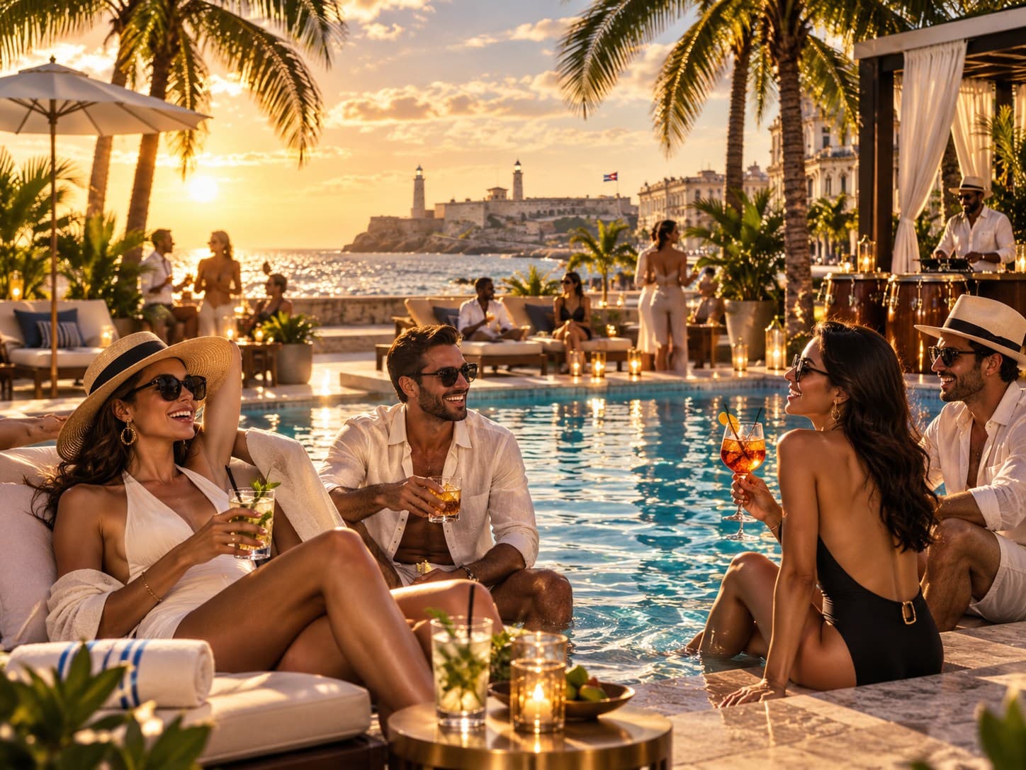 Drinks by the pool at sunset, with El Morro on the horizon