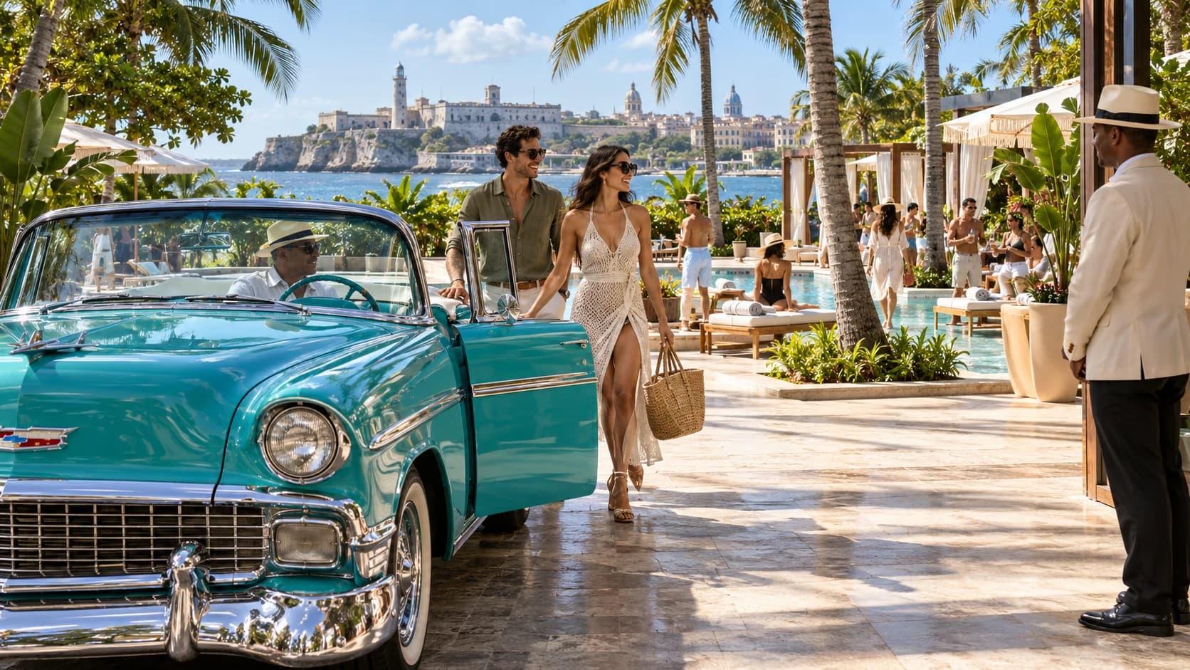 A turquoise classic convertible arriving at a poolside club, a host waiting, El Morro across the bay
