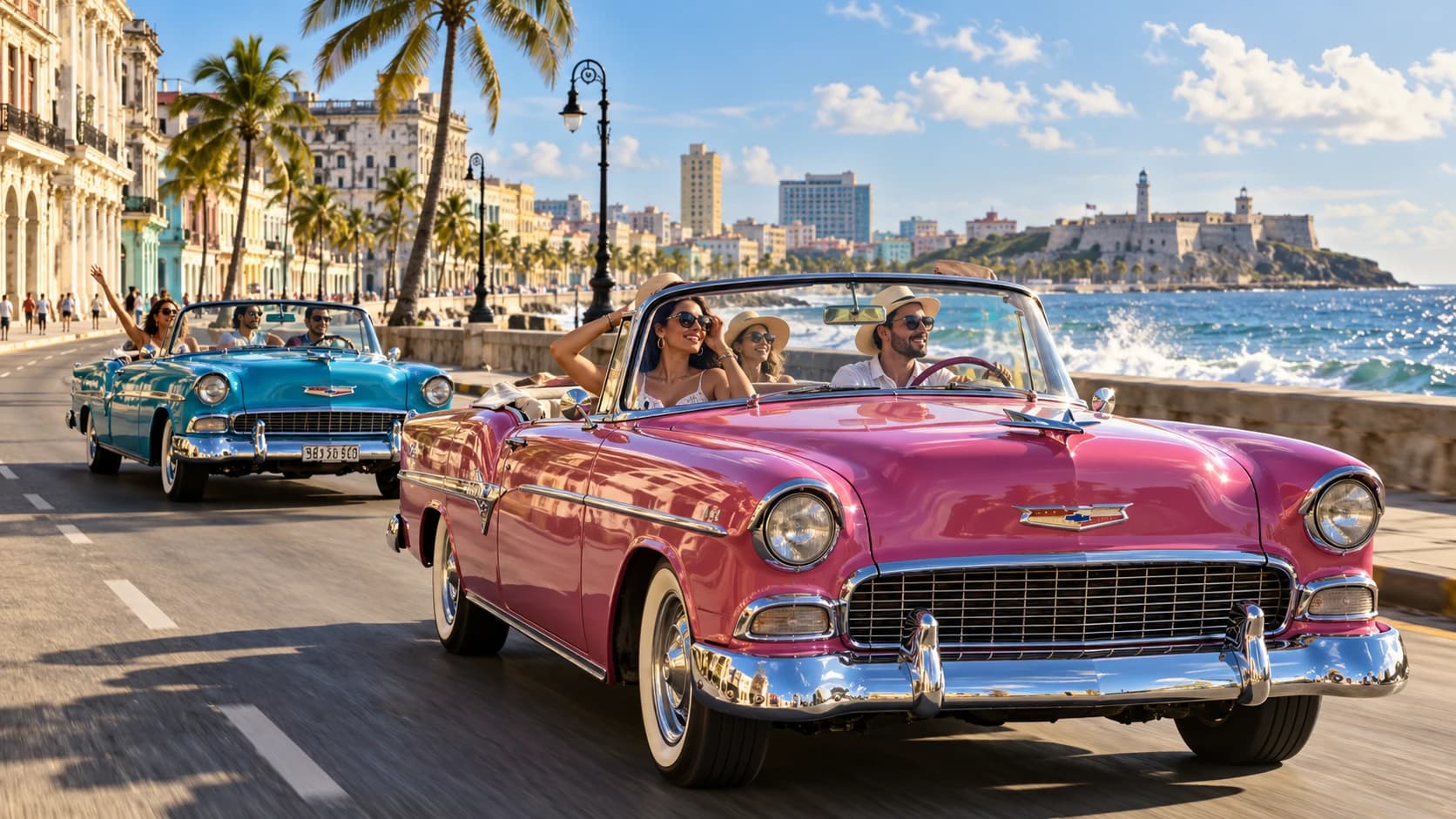 A pink and a blue classic convertible driving along the Malecón, El Morro ahead