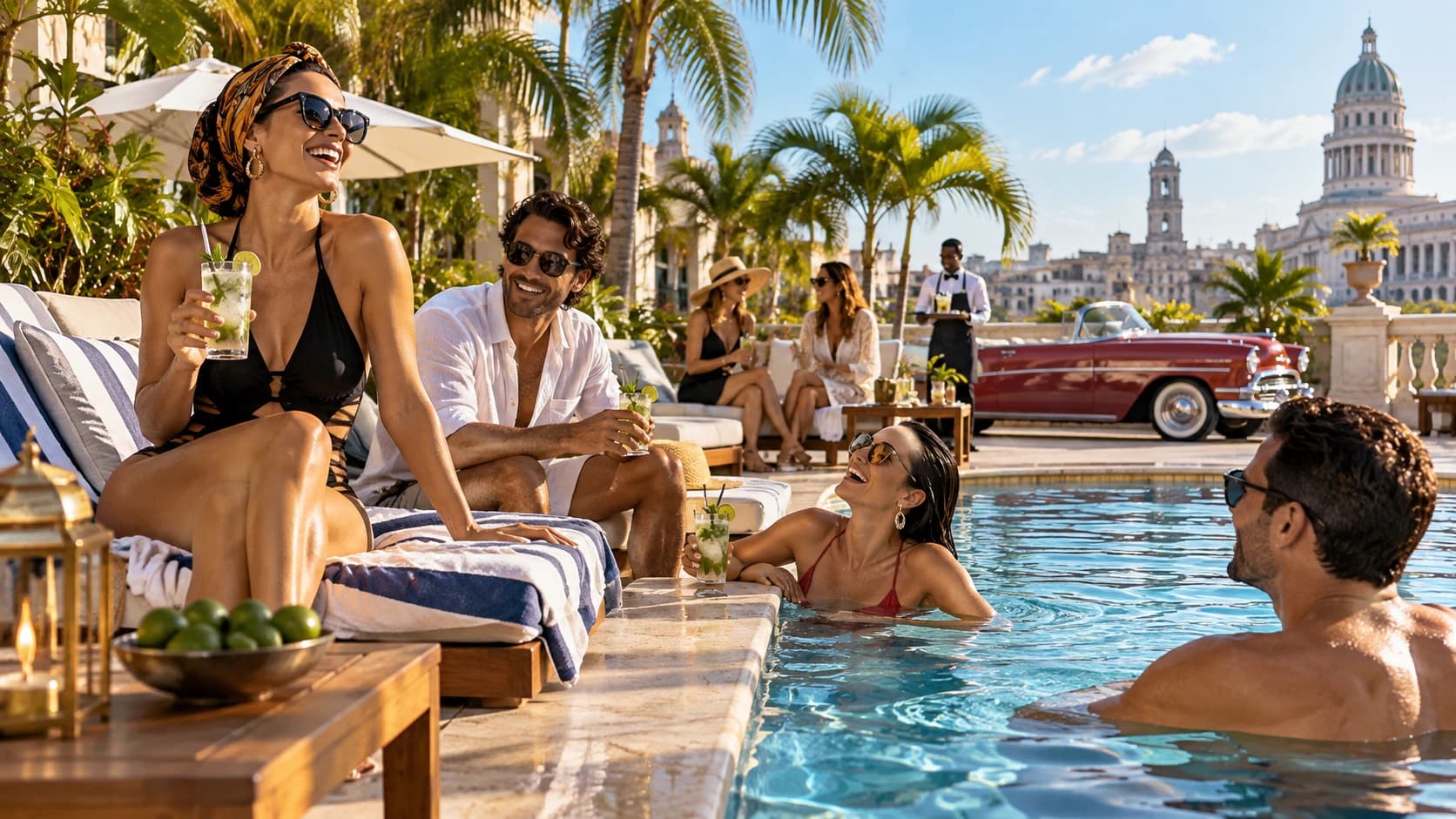 Freunde am Pool mit Mojitos, ein Kellner und ein roter Oldtimer im Hintergrund, dahinter das Capitolio