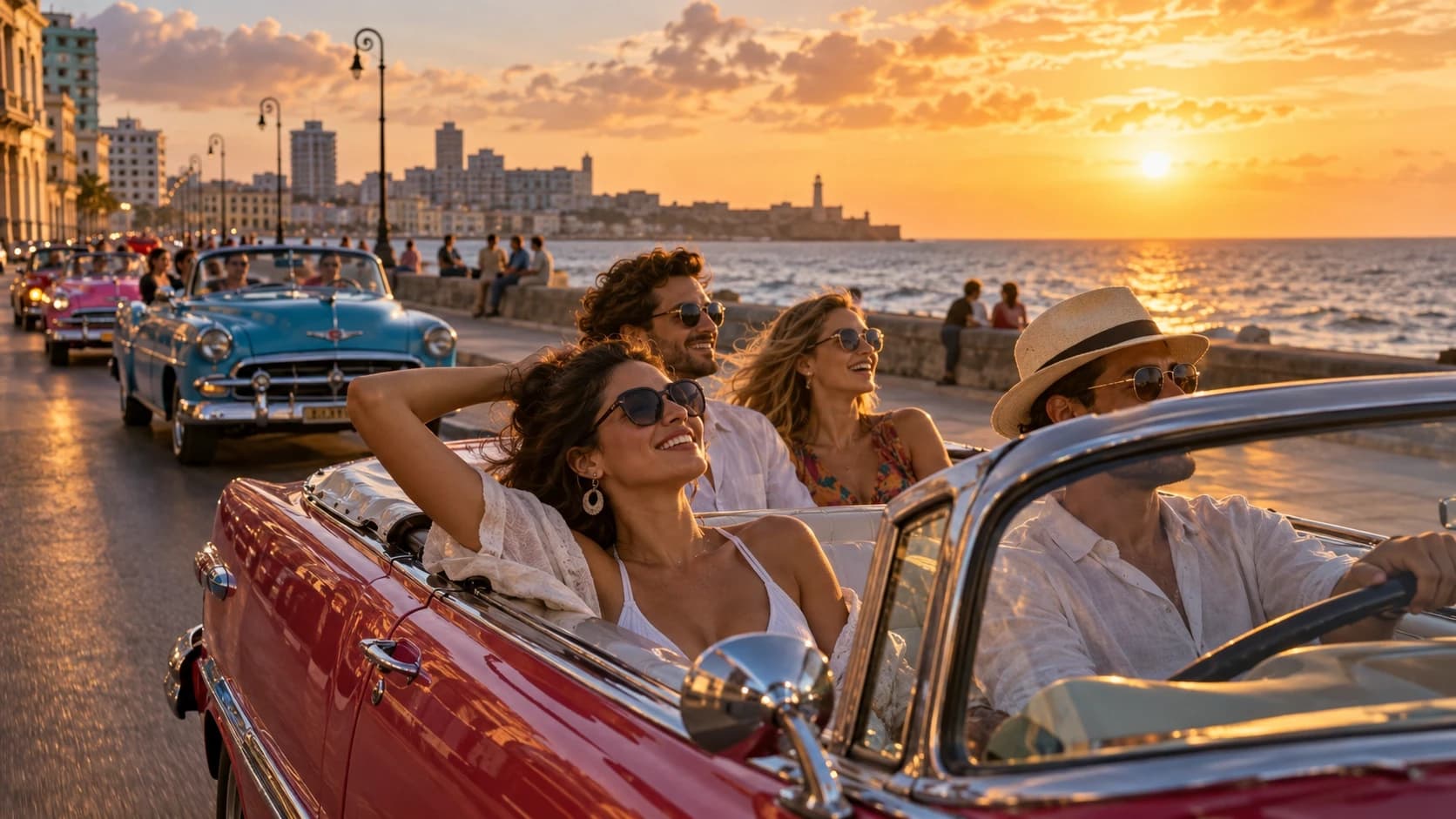 Freunde in einem roten Oldtimer-Cabrio auf der Malecón bei Sonnenuntergang, dahinter weitere Oldtimer