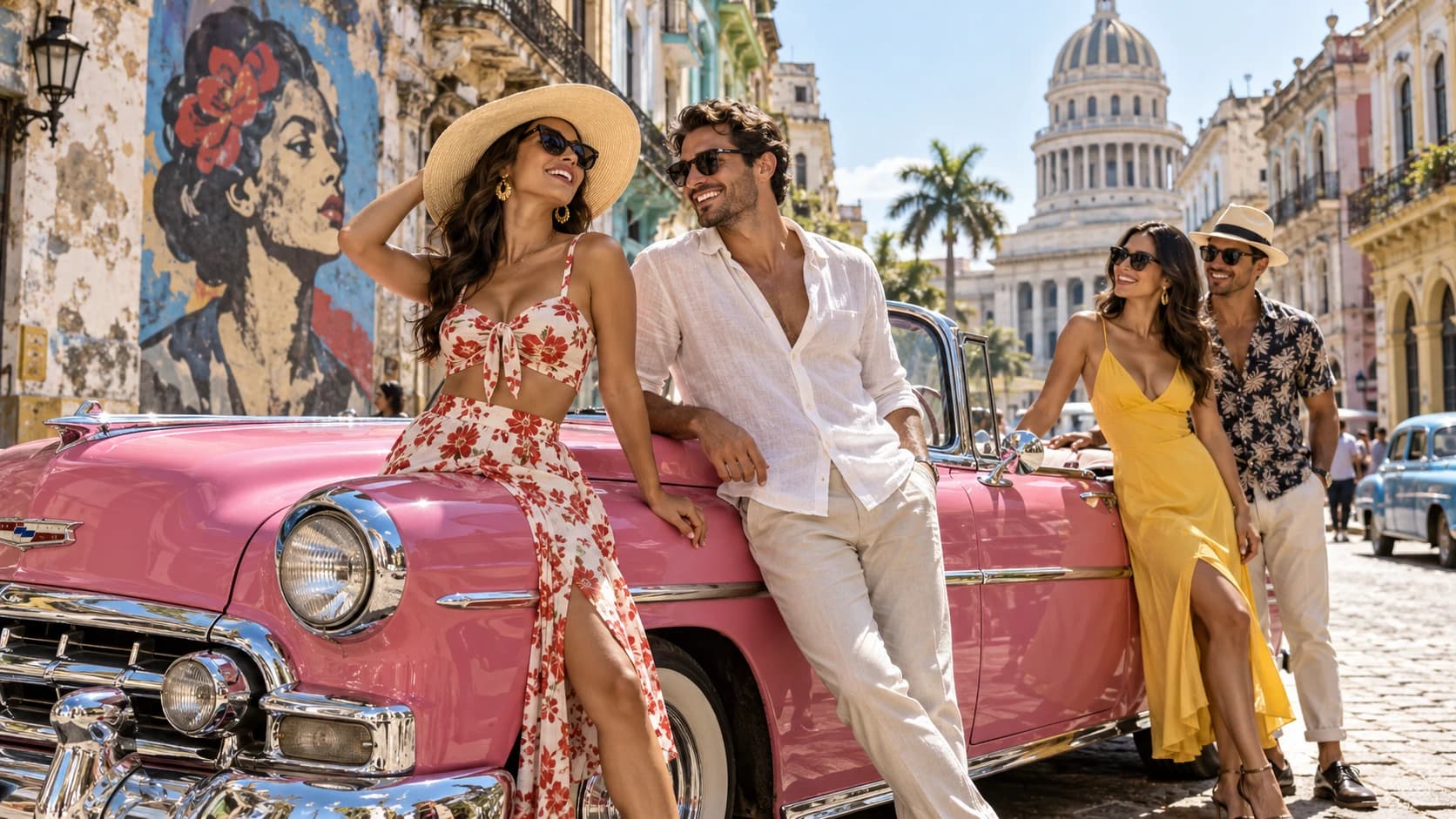 Friends posing by a pink classic convertible in front of a mural, the Capitolio behind