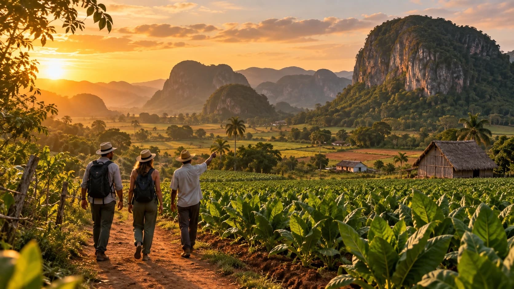 Un guía señala los mogotes a dos viajeros en un sendero entre campos de tabaco al atardecer