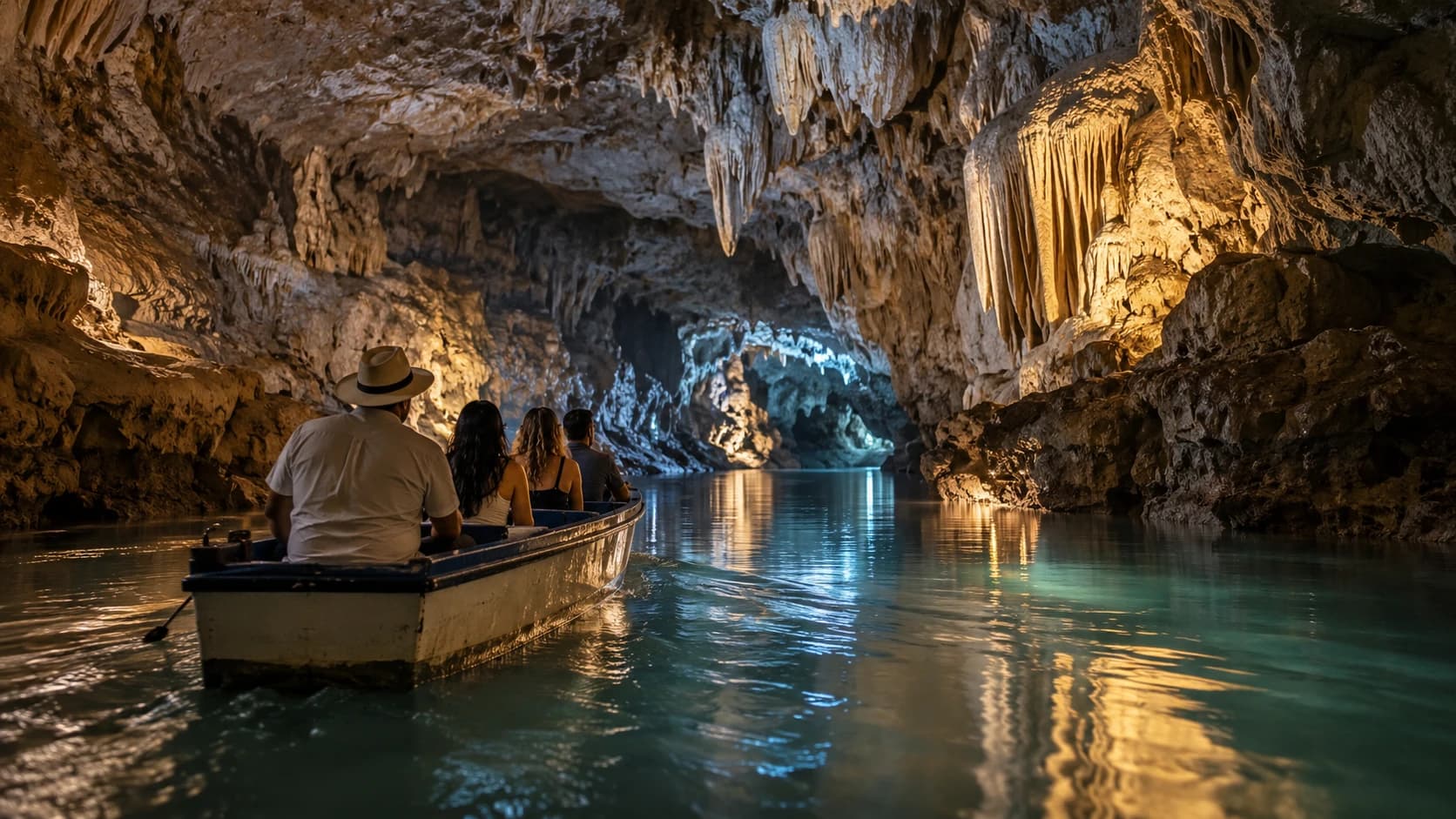 Un pequeño bote lleva a los viajeros por el río subterráneo de la Cueva del Indio