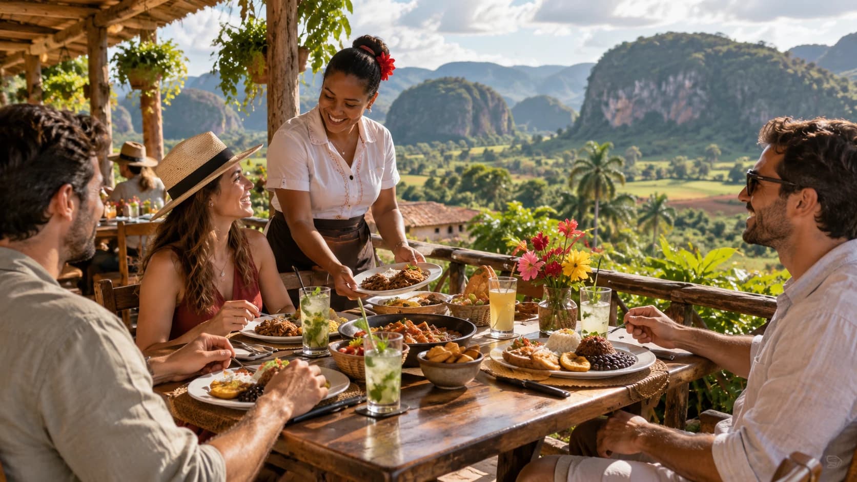 Almuerzo servido en una terraza con vista al Valle de Viñales