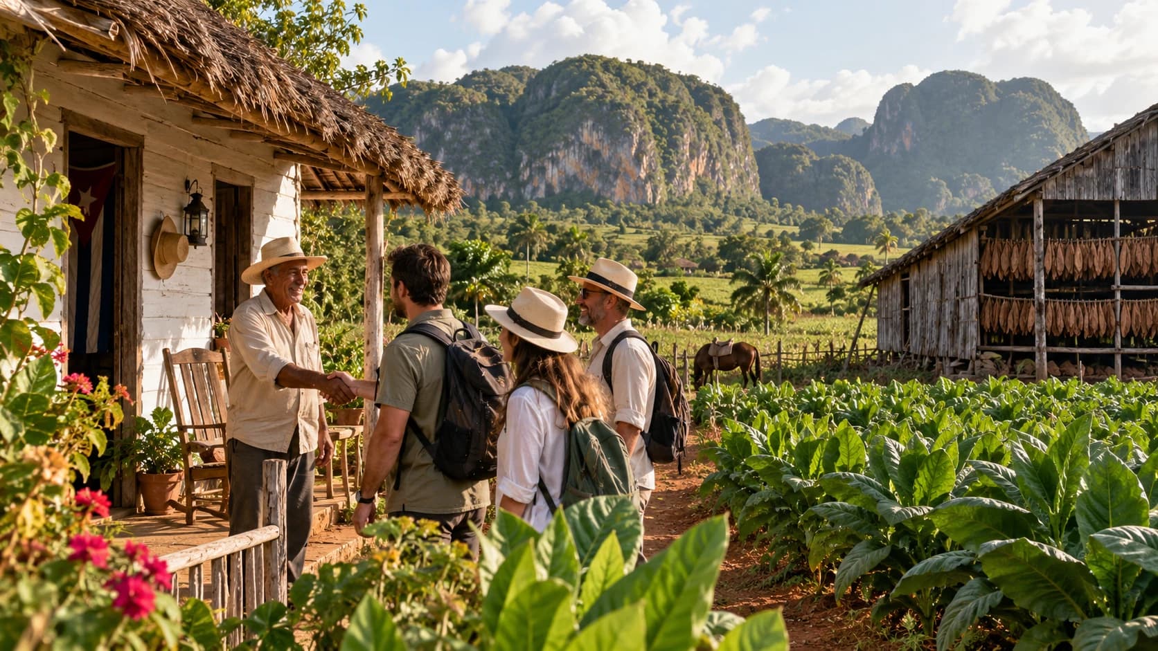 A tobacco farmer welcoming travellers to his farm, a drying barn and the mogotes behind