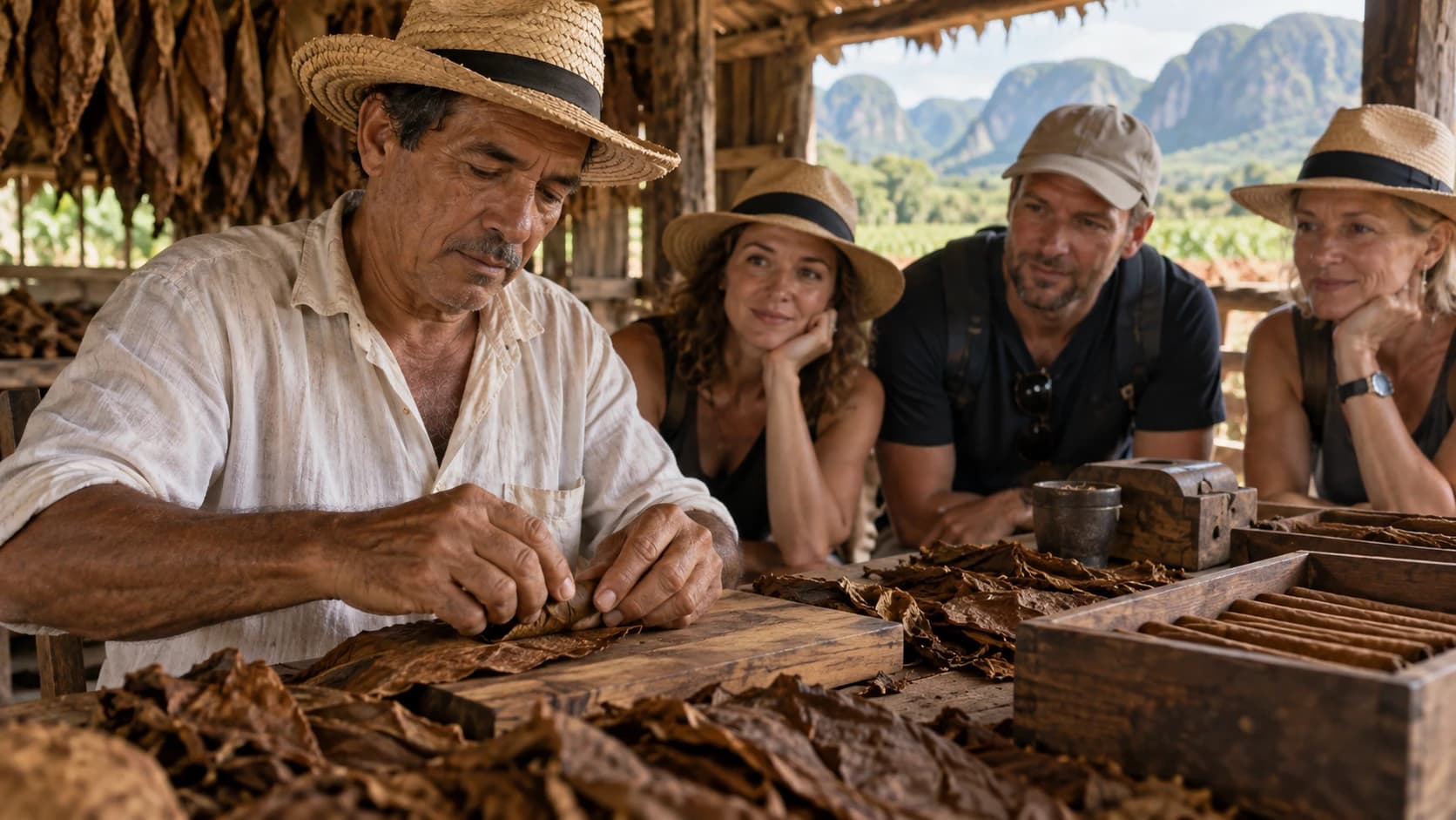 Un campesino enrolla un puro a mano mientras los viajeros lo observan, con hojas de tabaco secándose arriba