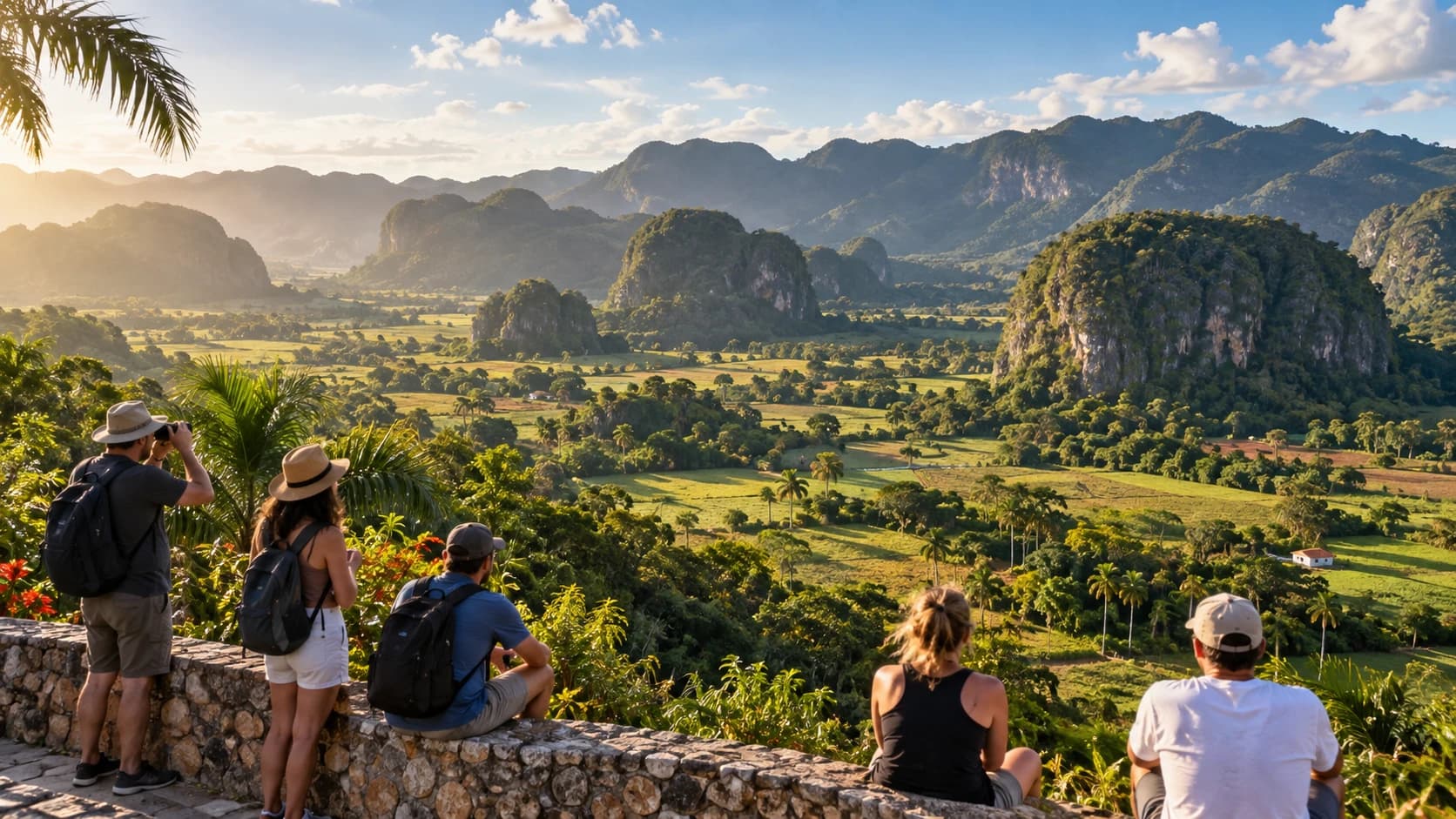 Viajeros en el mirador Los Jazmines, sobre el Valle de Viñales y sus mogotes