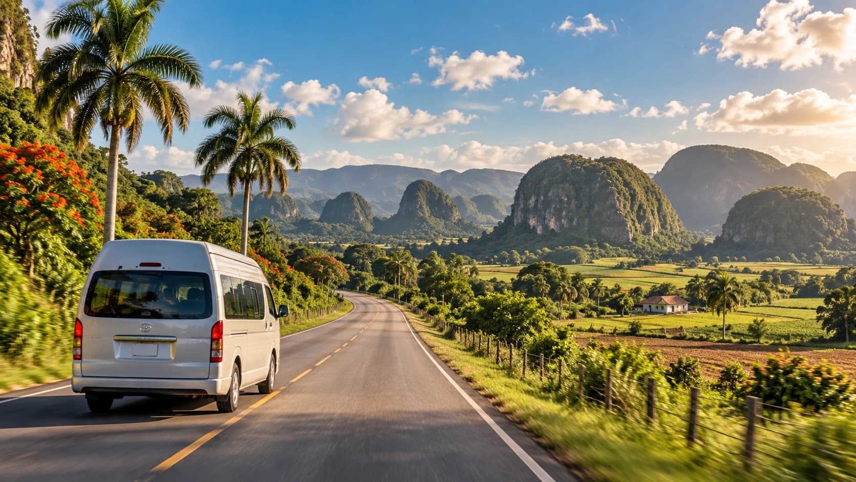 A white minibus on the road into the Viñales Valley, the mogotes ahead