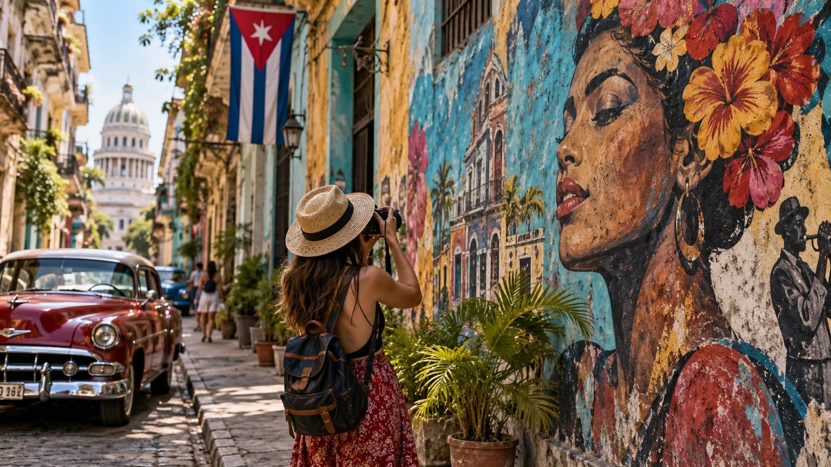 A traveller photographing a large street mural in Havana, a red classic car parked nearby