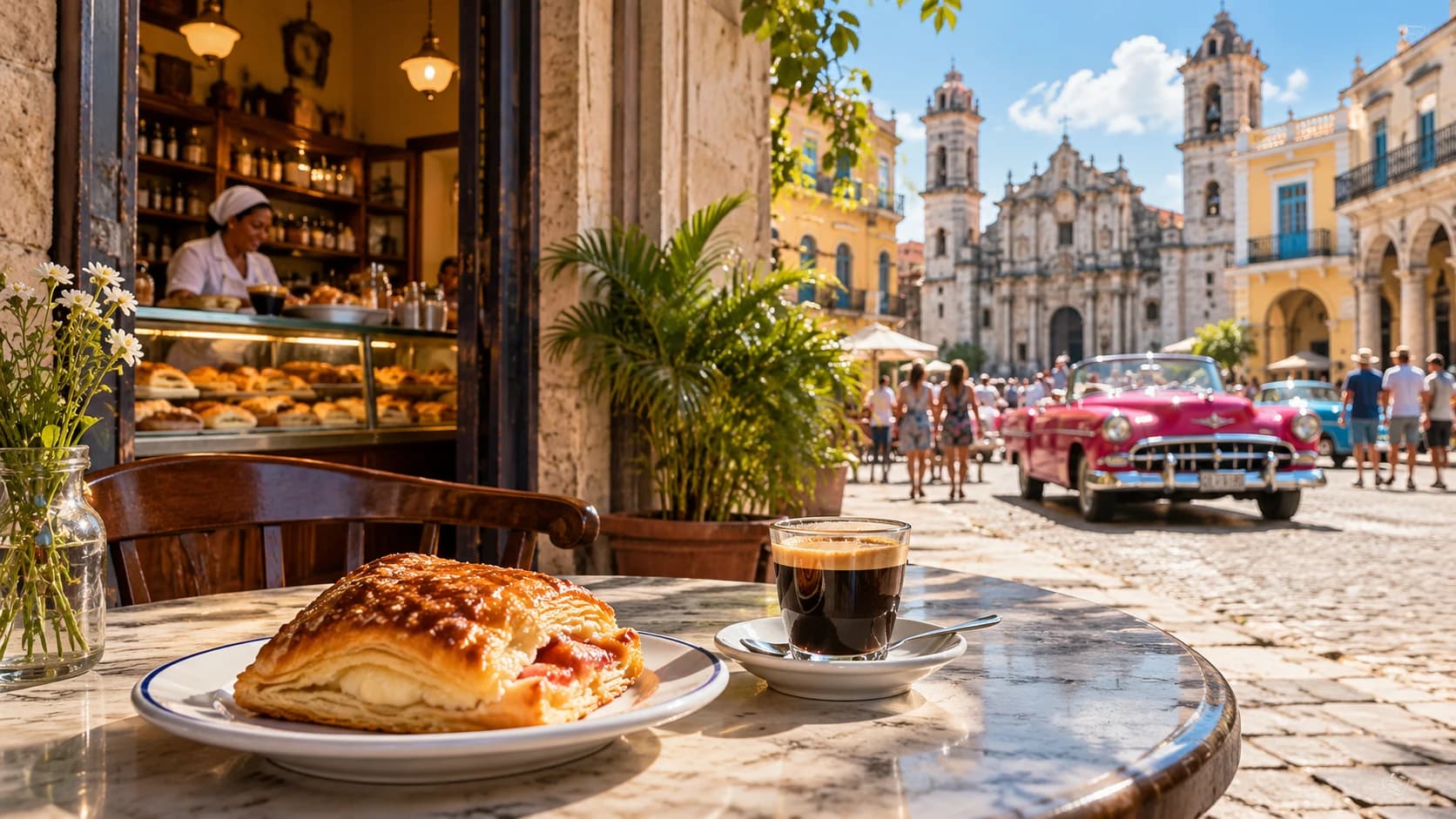 Plaza de la Catedral’deki bir kafe masasında bir hamur işi ve Küba kahvesi, ötede pembe bir klasik araba
