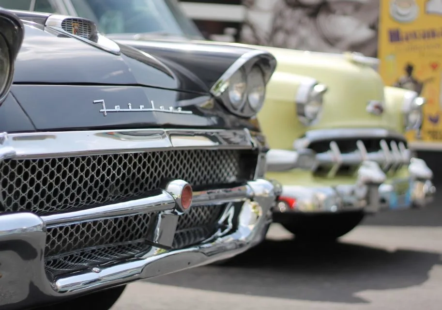 Classic American cars parked in a row in Old Havana, Cuba
