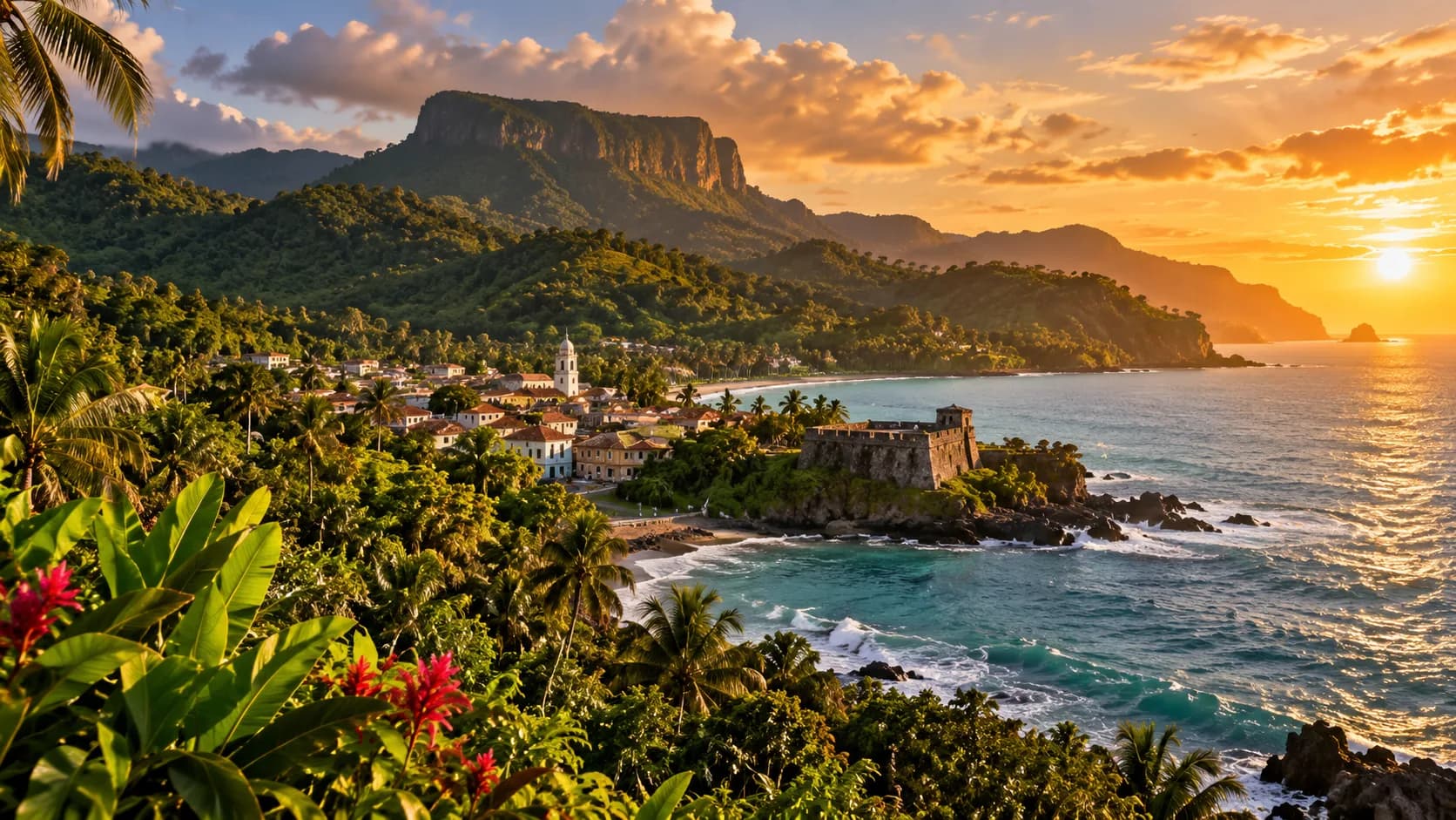 A coastal town below the flat-topped El Yunque mountain, eastern Cuba