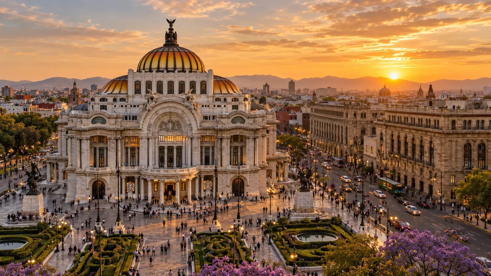Palacio de Bellas Artes above the historic centre of Mexico City at sunset