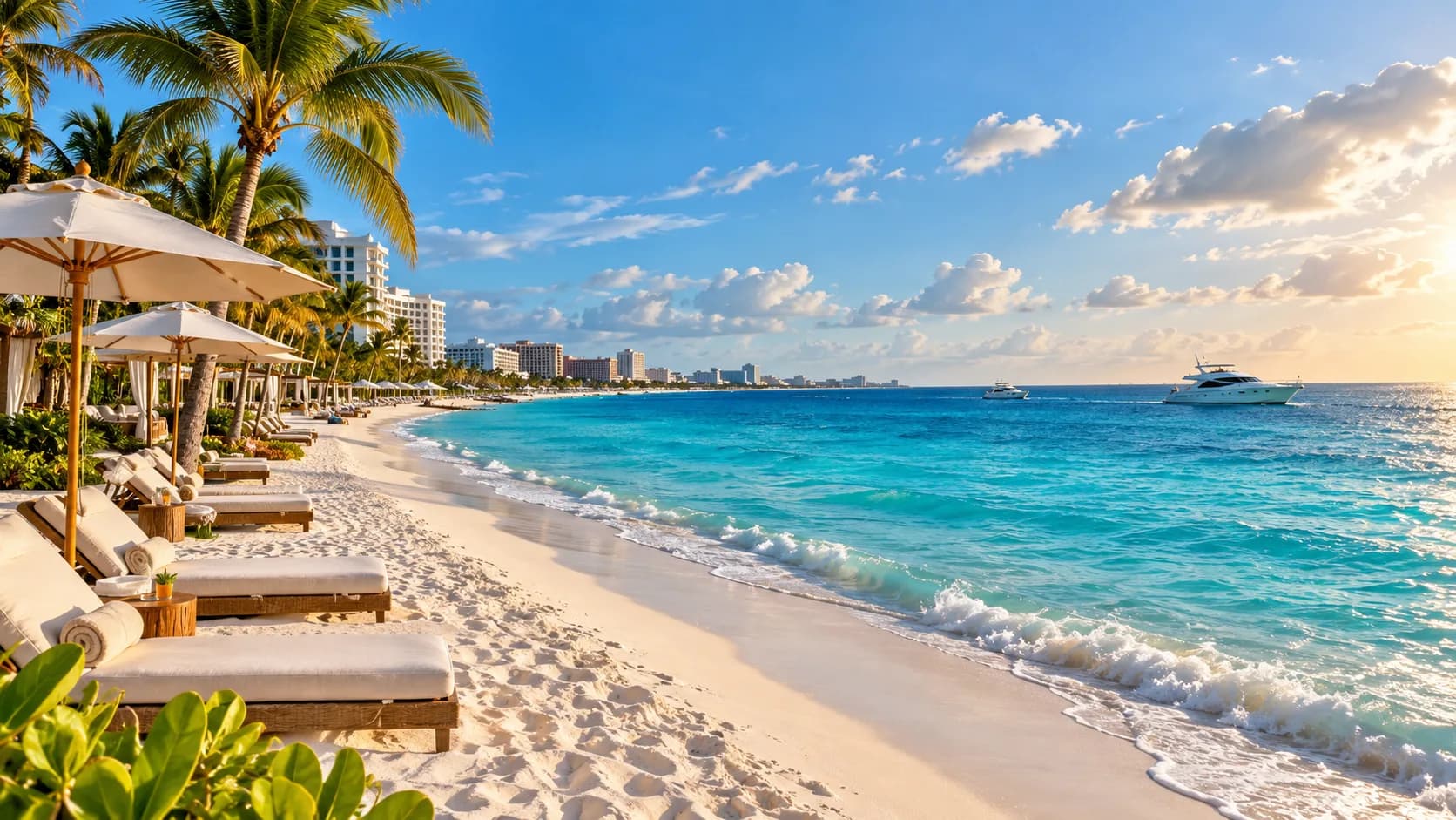 Loungers and white sand along the Cancún hotel zone, Mexico