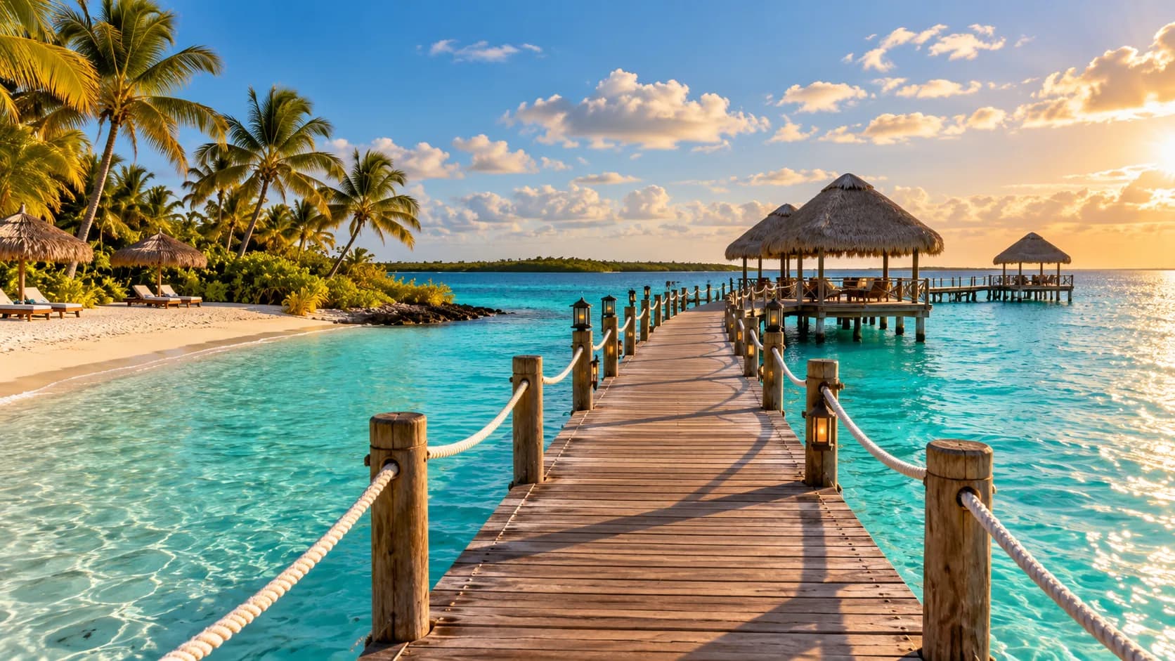 Un muelle de madera sobre agua turquesa en Cayo Coco, Cuba