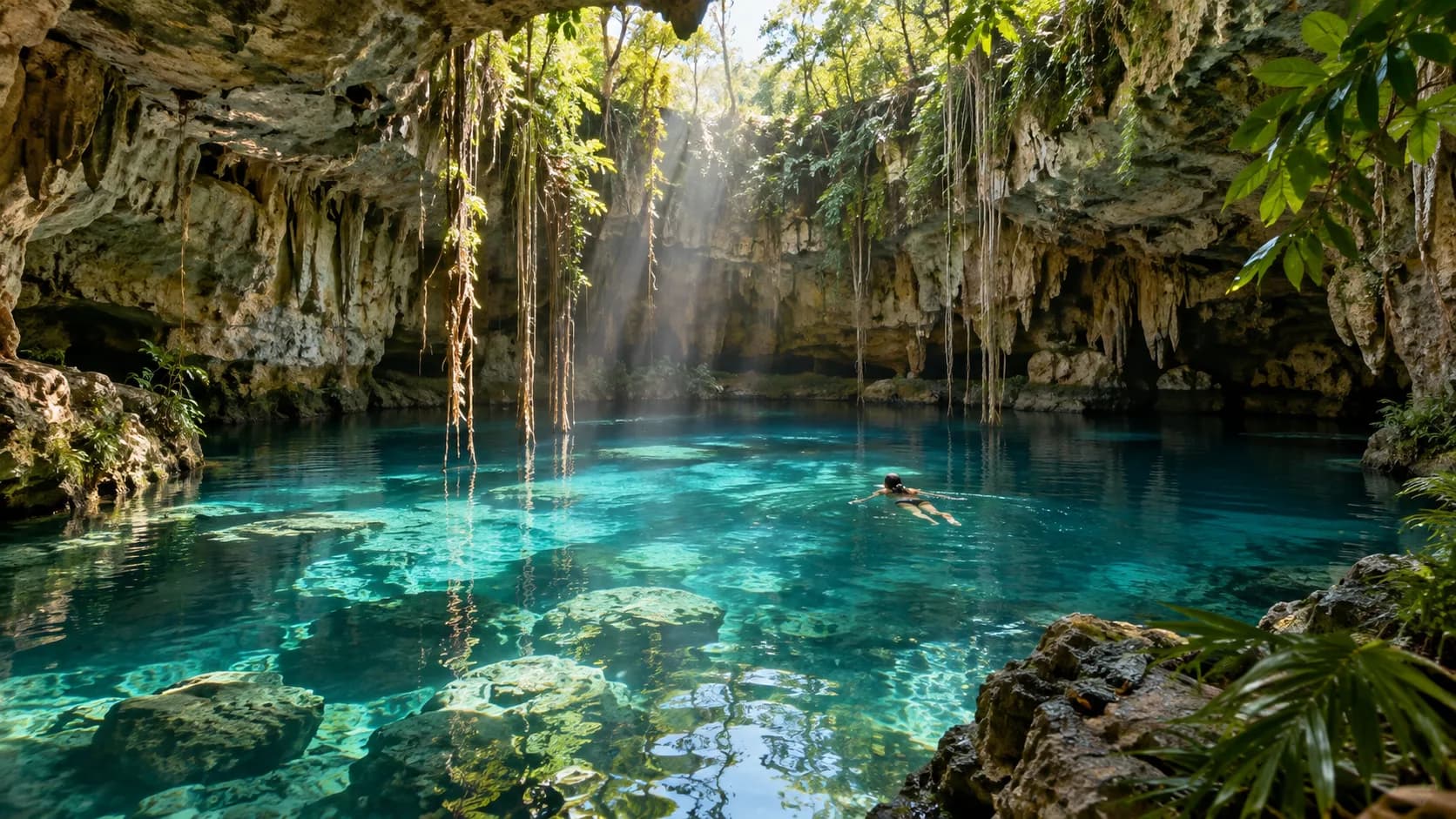 Light falling into a cenote with clear turquoise water, Yucatán, Mexico