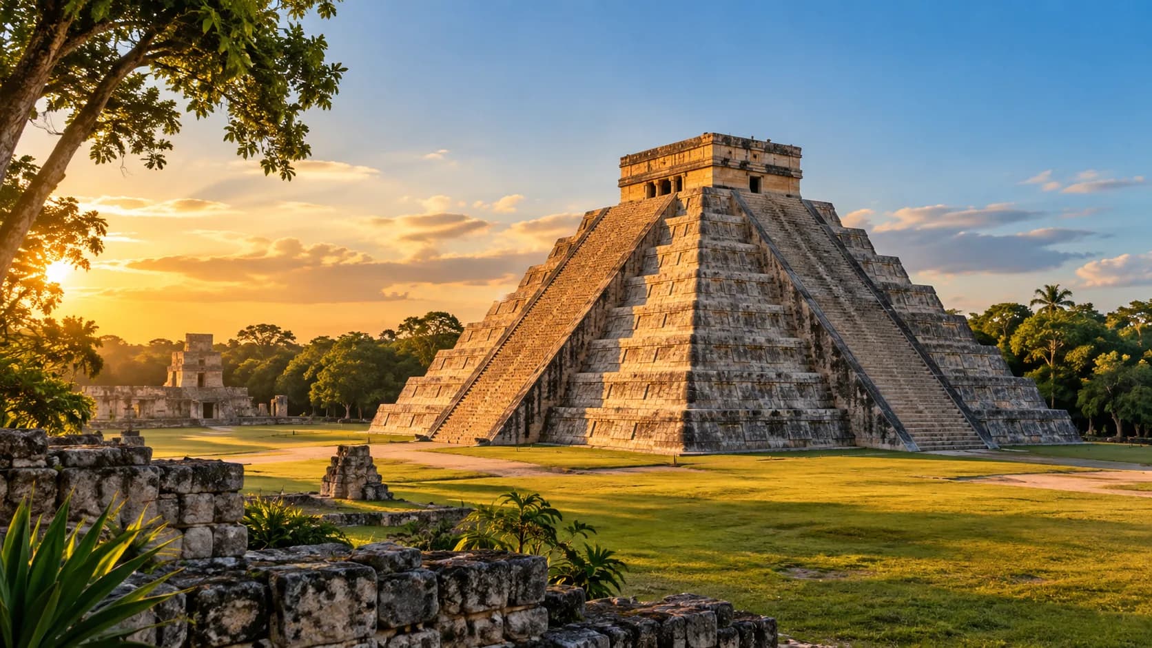 El Castillo pyramid at Chichén Itzá in golden light, Mexico