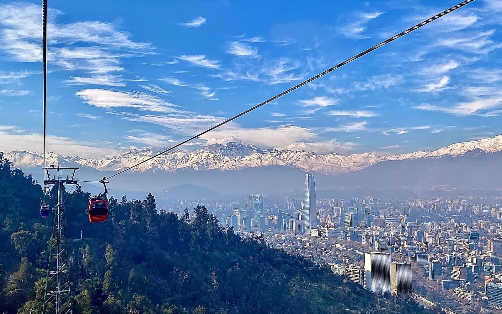 Santiago's skyline and the snow-capped Andes seen from the San Cristóbal cable car, Chile