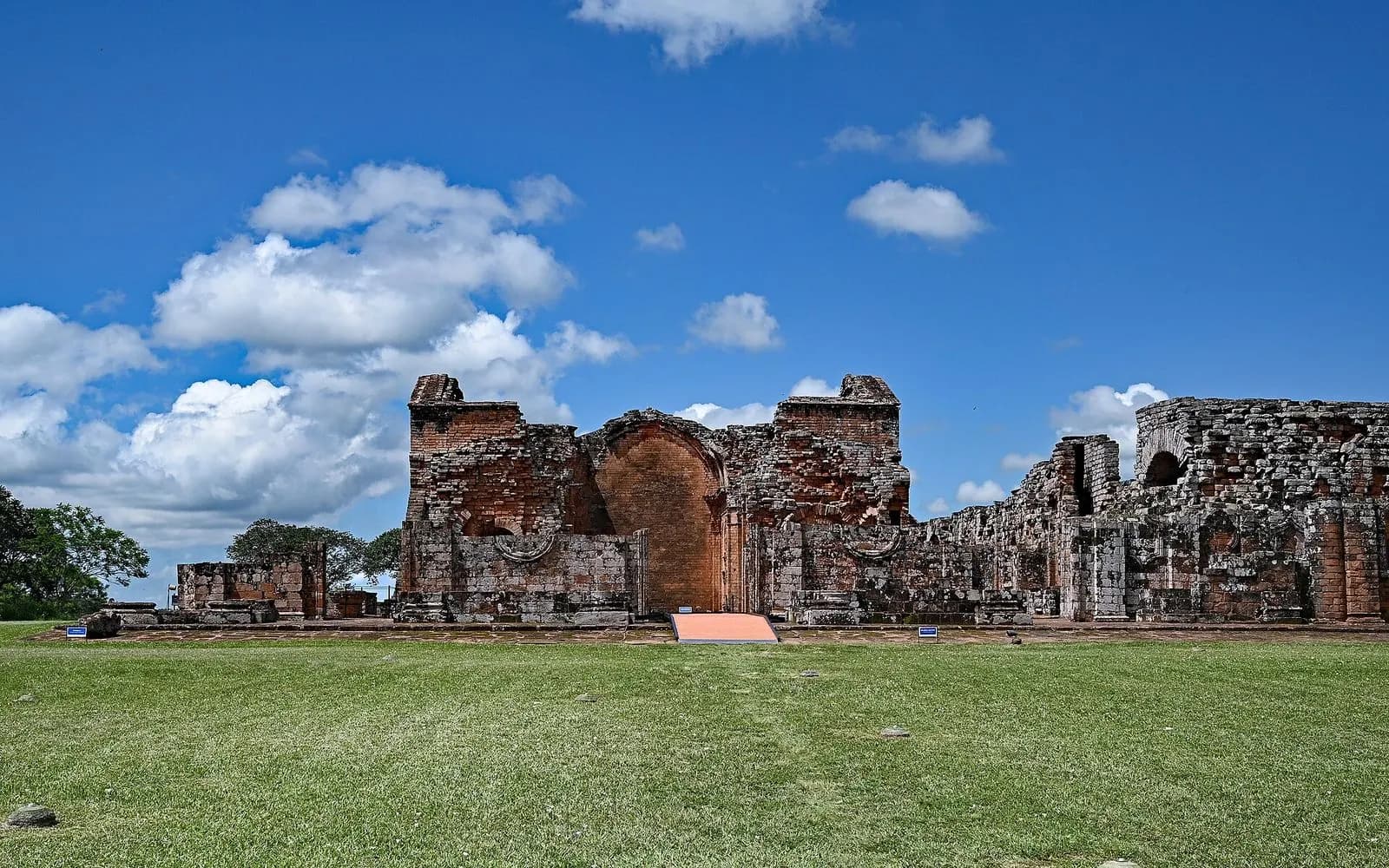 Red sandstone church ruins of the Jesuit mission of La Santísima Trinidad, Paraguay