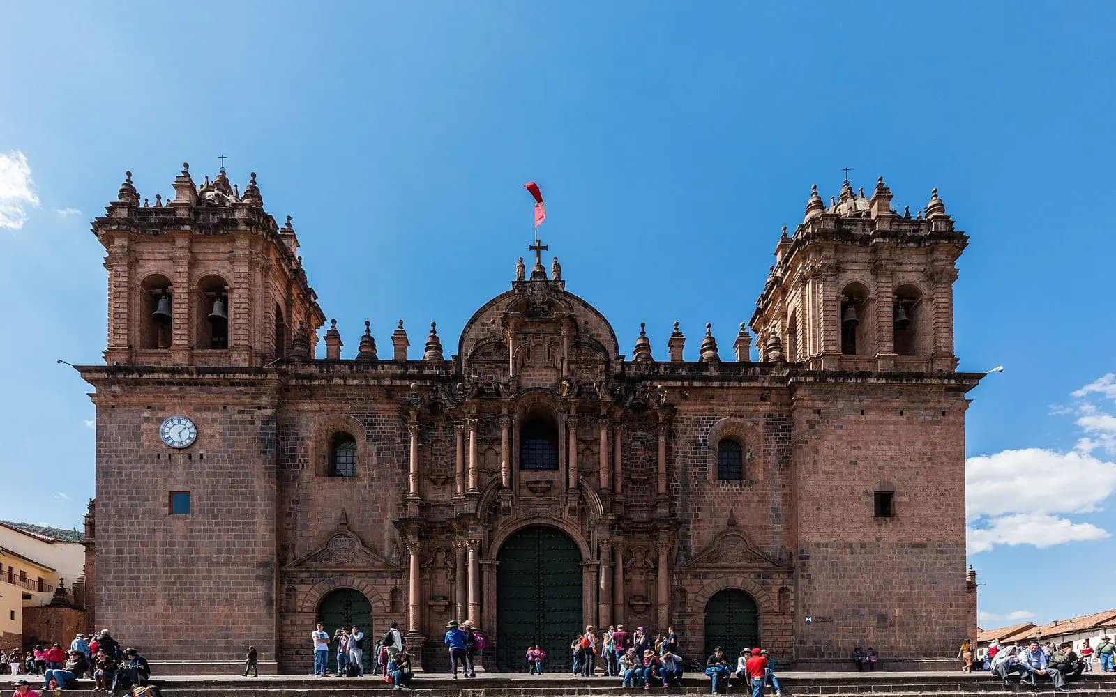 Baroque facade and twin bell towers of Cusco Cathedral on the Plaza de Armas, Peru