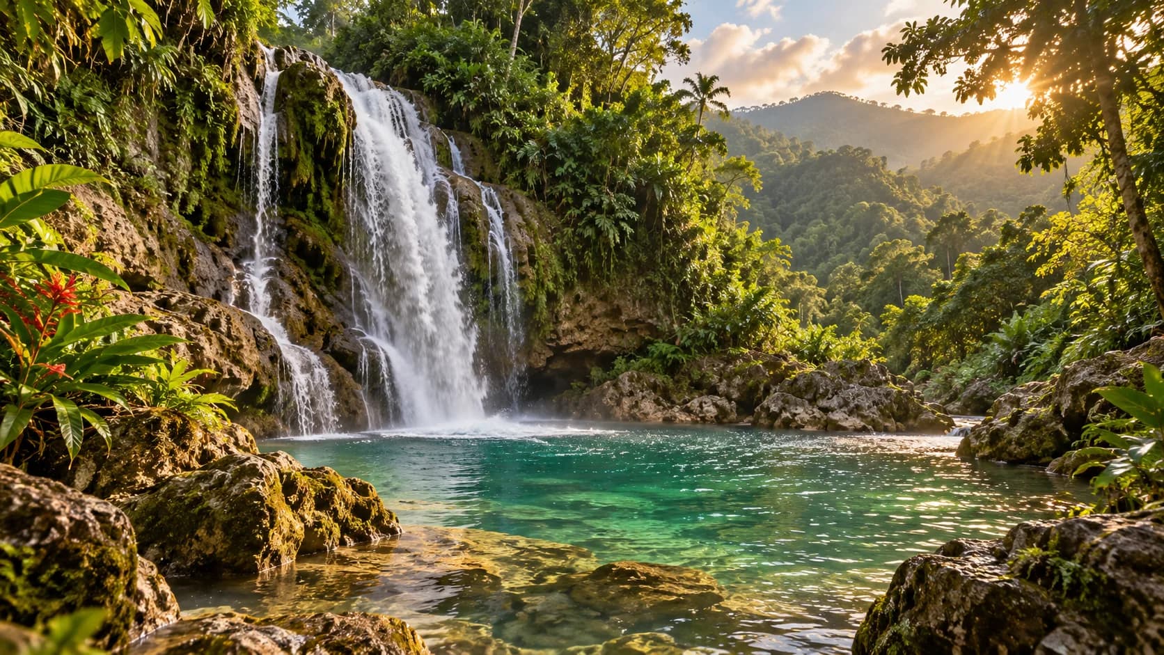 A waterfall dropping into a turquoise pool in the Escambray mountains, Cuba
