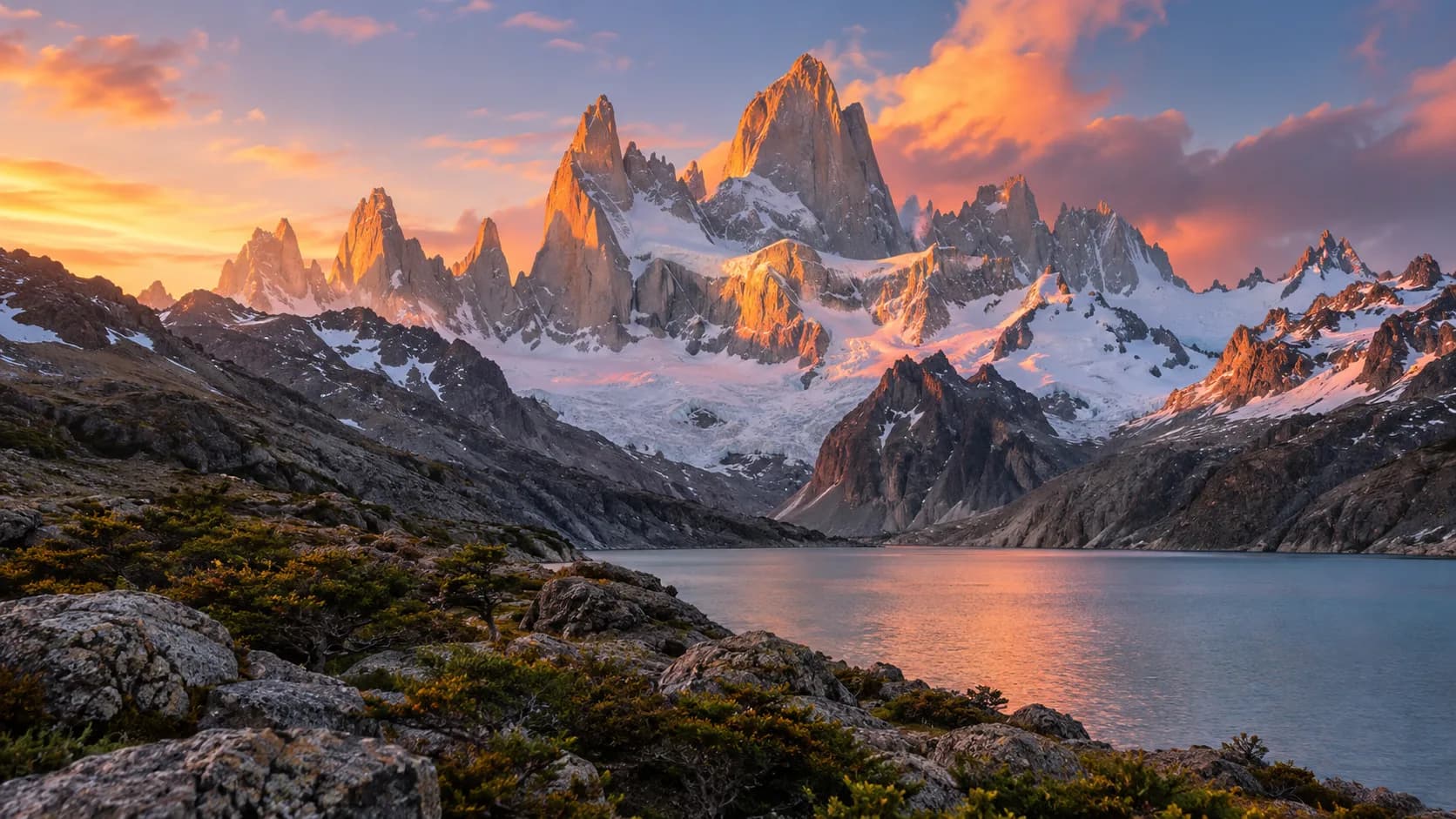 First light on the Fitz Roy range above a glacial lake, Patagonia
