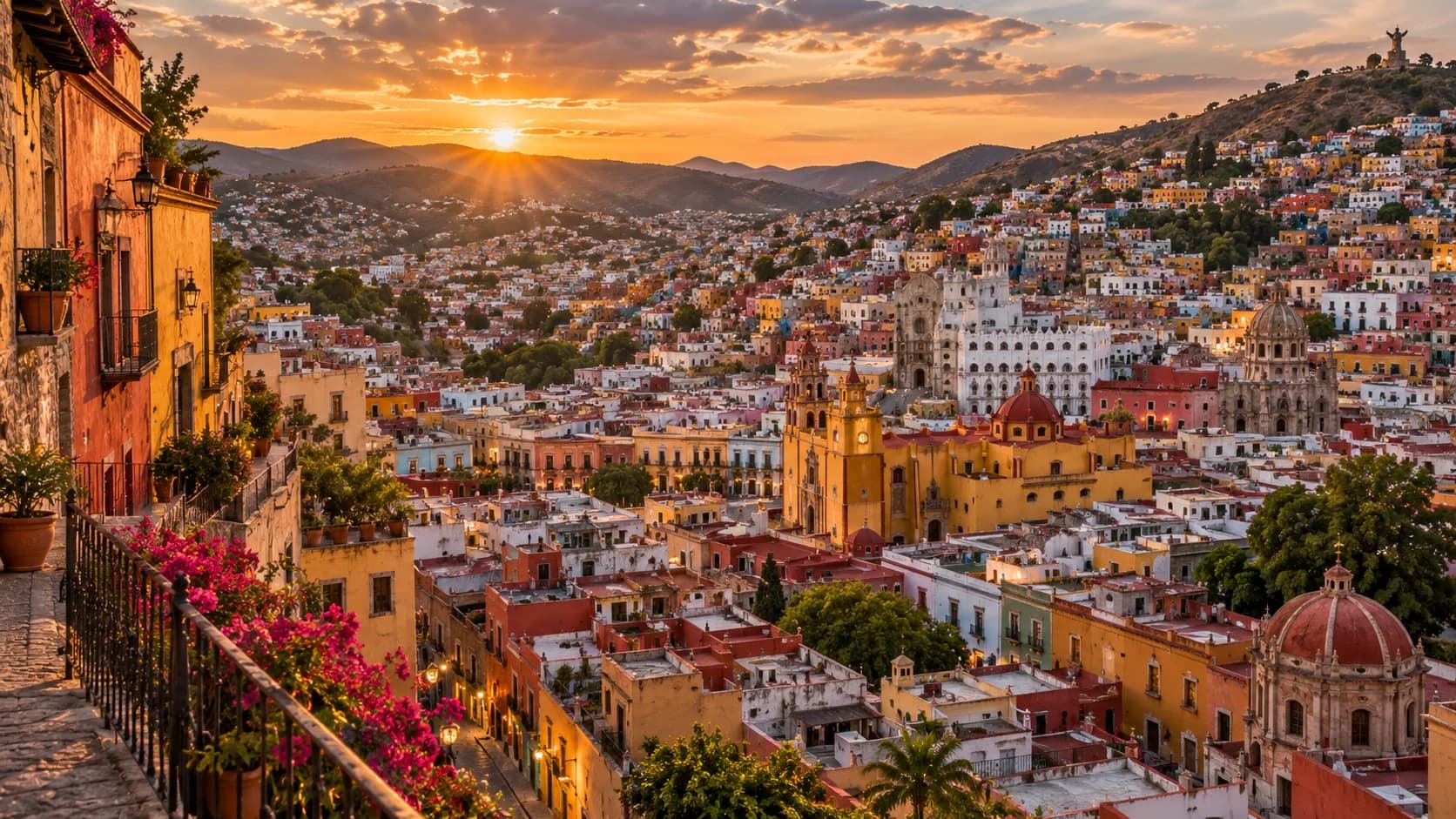 The coloured houses and basilica of Guanajuato at sunset, Mexico