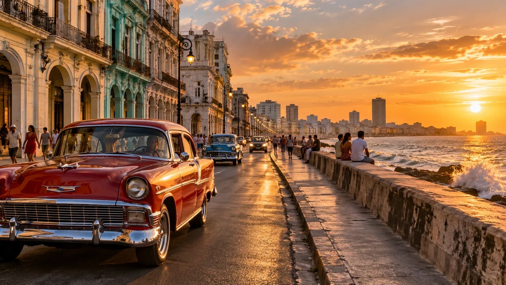 Classic cars on the Havana Malecón at sunset, Cuba