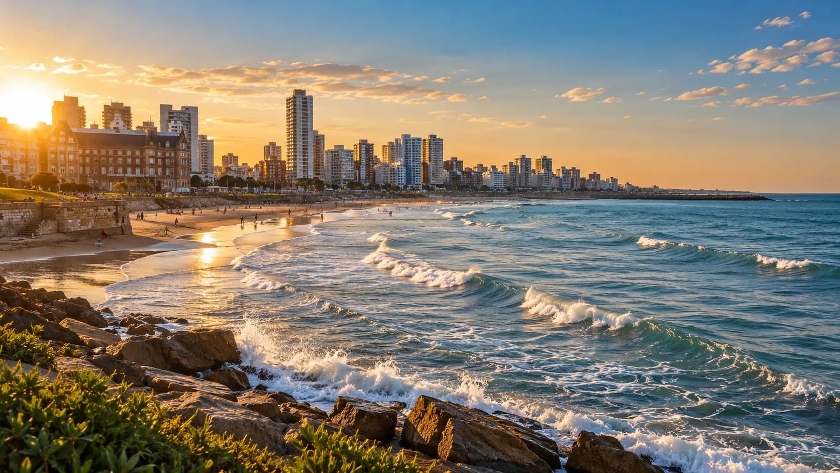 Surf and the city skyline at sunset in Mar del Plata, Argentina