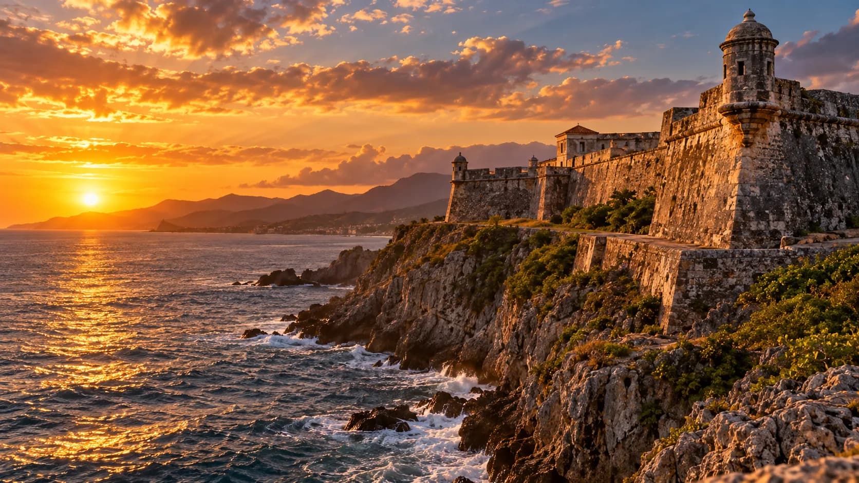 A clifftop fortress above the sea at sunset, Santiago de Cuba