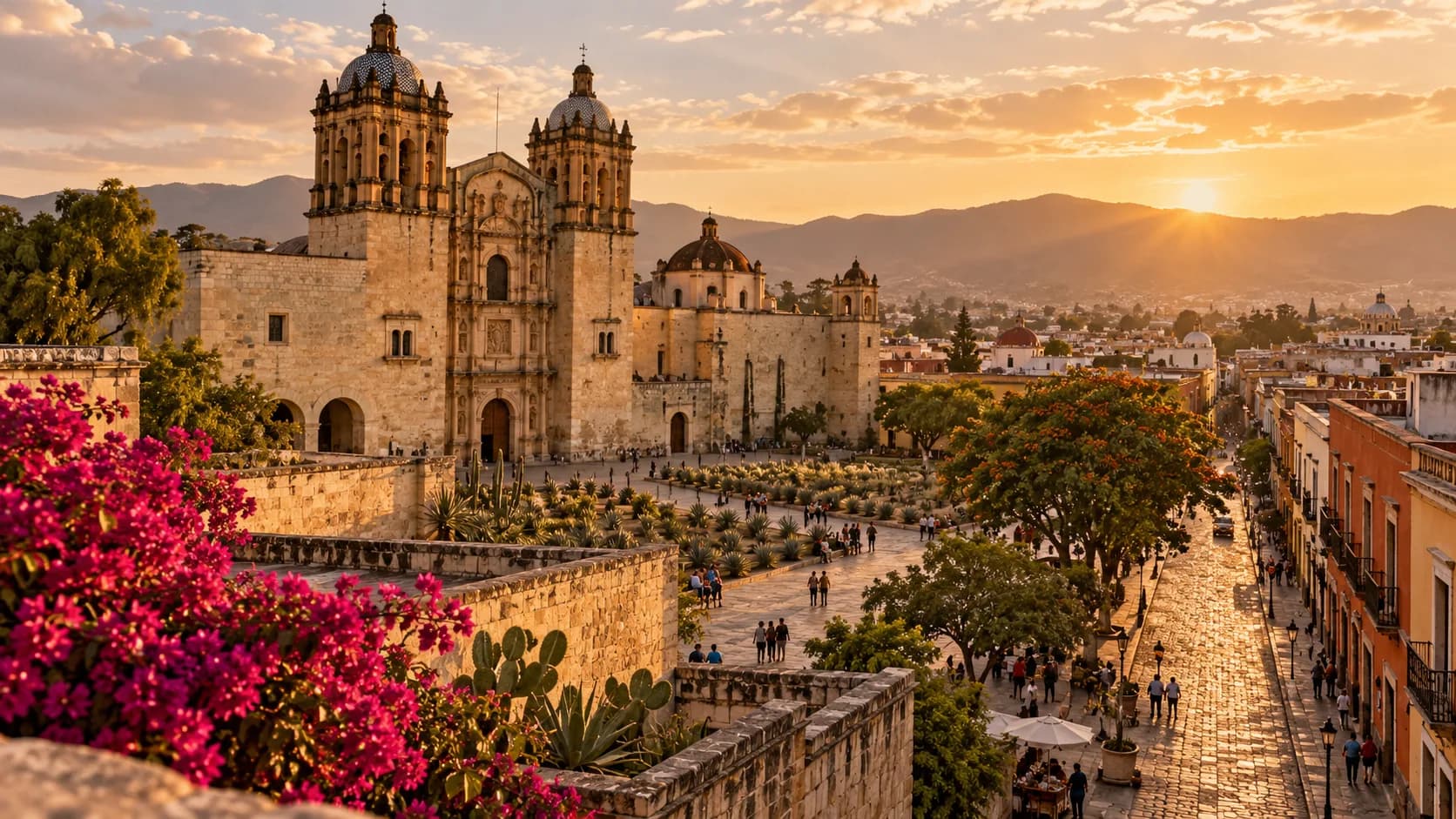 The Santo Domingo church and its plaza in Oaxaca at golden hour, Mexico