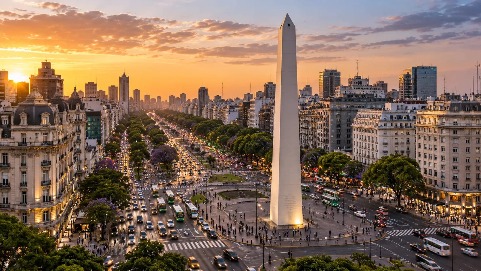 The Obelisco and Avenida 9 de Julio from above at sunset, Buenos Aires