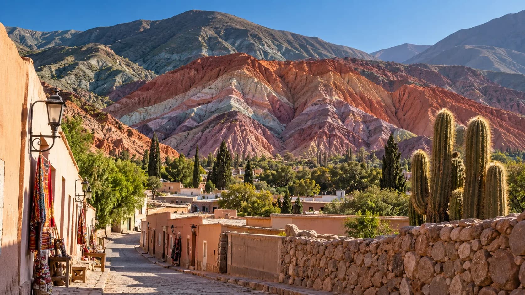 The Hill of Seven Colours above the adobe streets of Purmamarca, Argentina