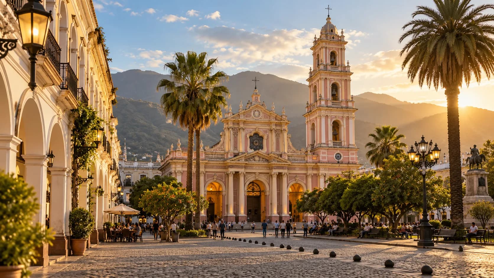The cathedral and palm-lined plaza in Salta at golden hour, Argentina