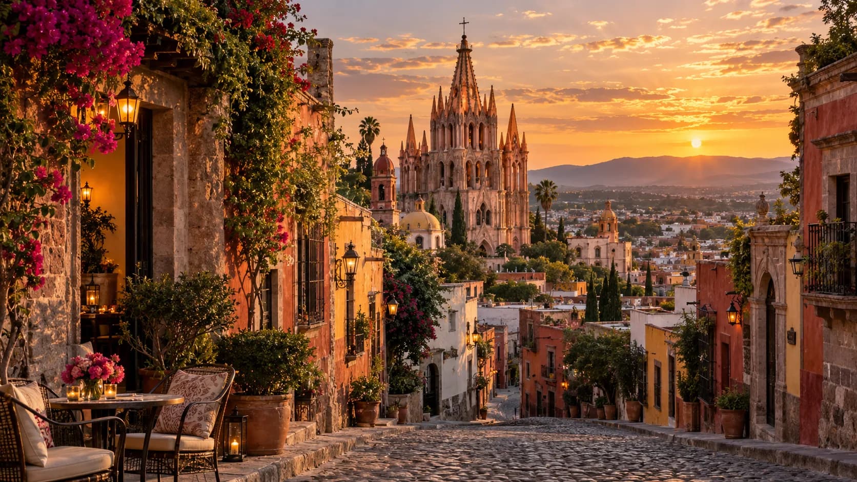 A cobbled street above the Parroquia at sunset in San Miguel de Allende, Mexico