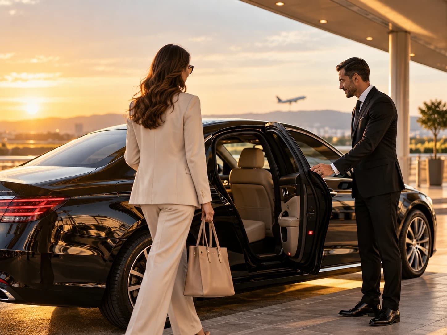 Ein Chauffeur öffnet einem Reisenden am Flughafen die Tür einer schwarzen Limousine