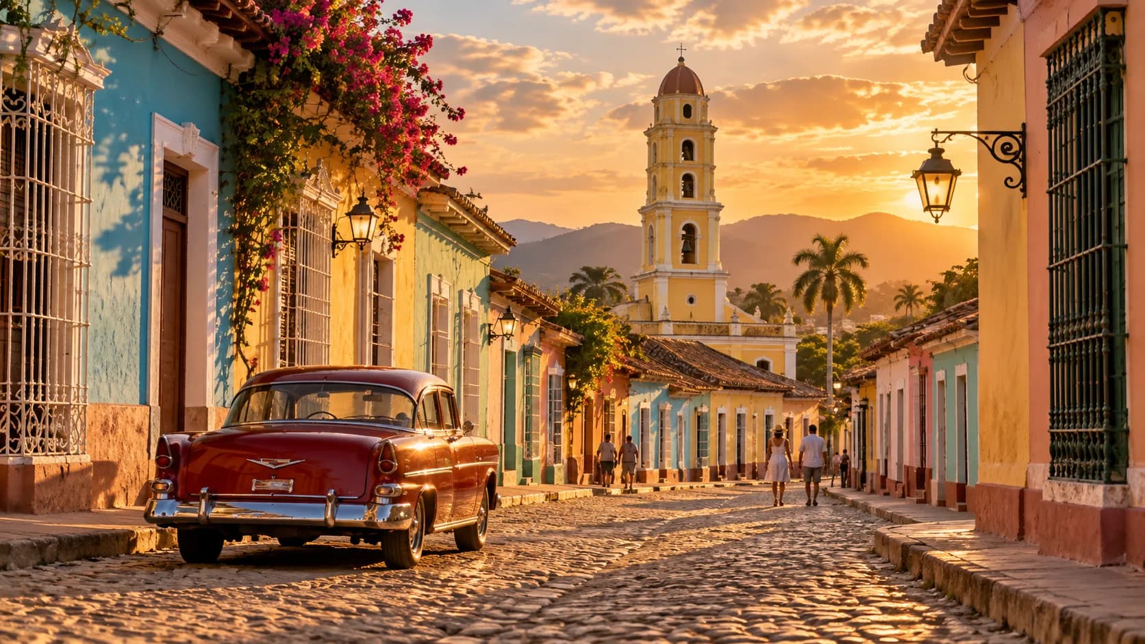 Cobbled street and bell tower in colonial Trinidad, Cuba