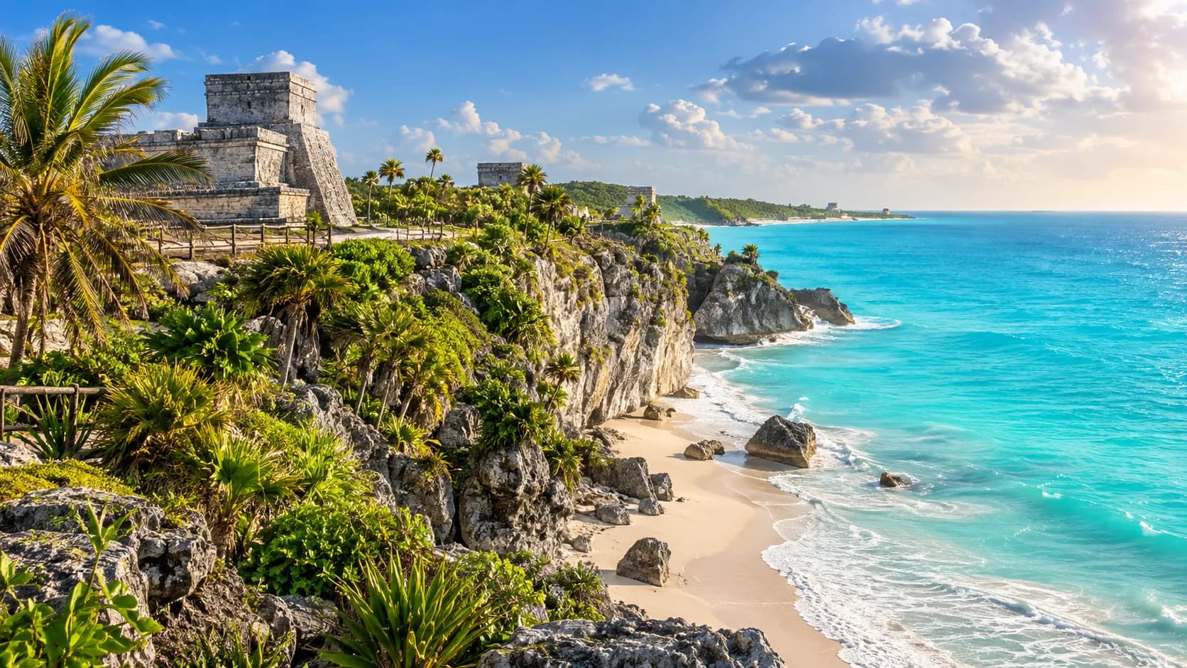 Maya-Ruinen auf der Klippe über türkisfarbenem Karibikwasser in Tulum, Mexiko