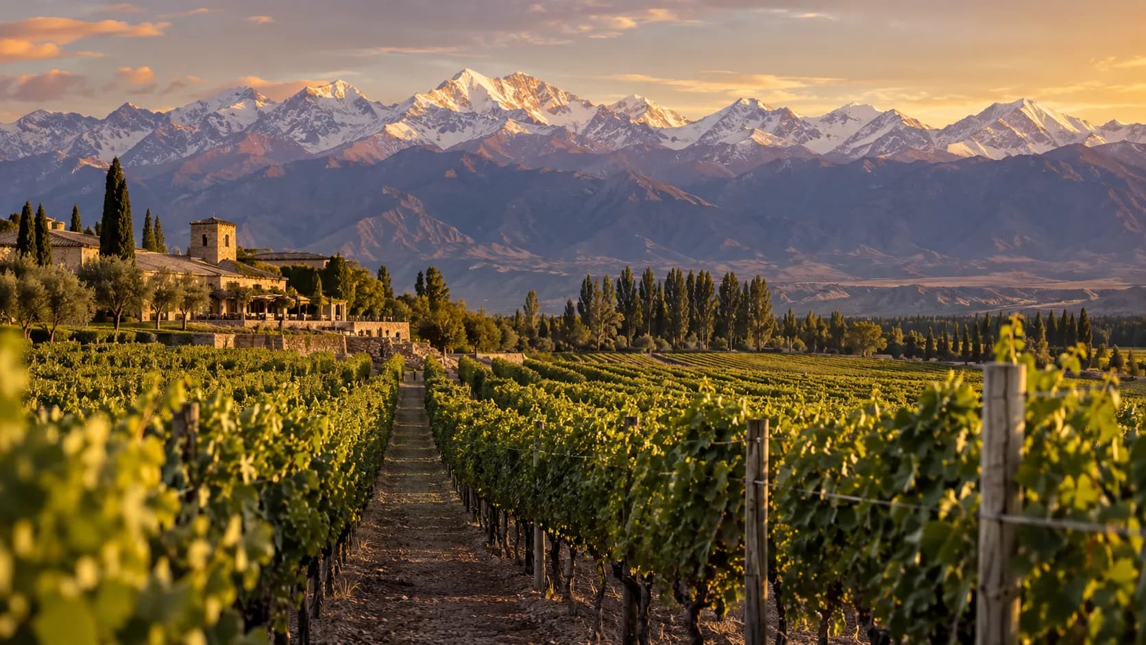 Vineyard rows below the snow-capped Andes in the Uco Valley, Mendoza