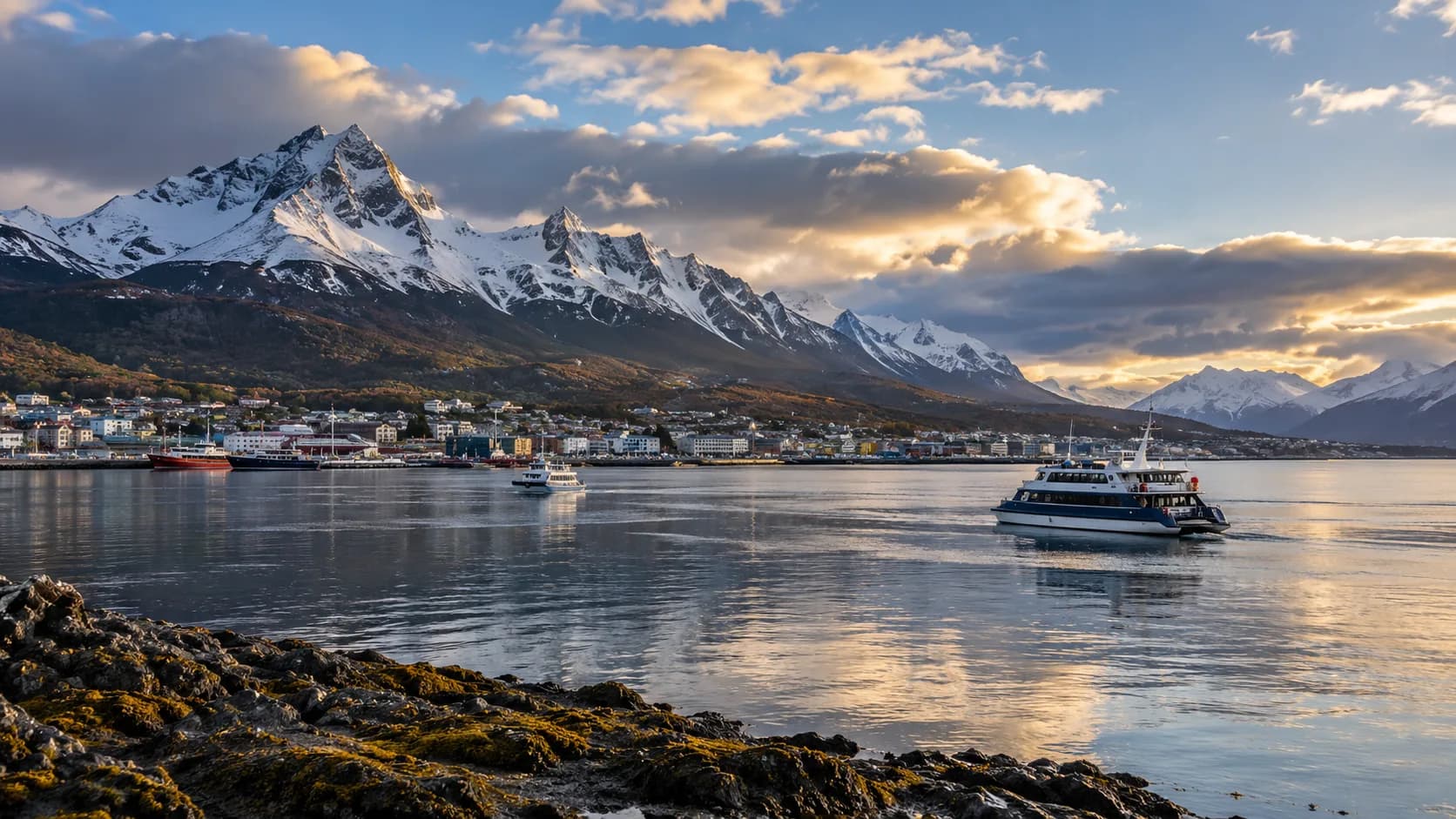 The harbour at Ushuaia below snow-covered peaks, Tierra del Fuego