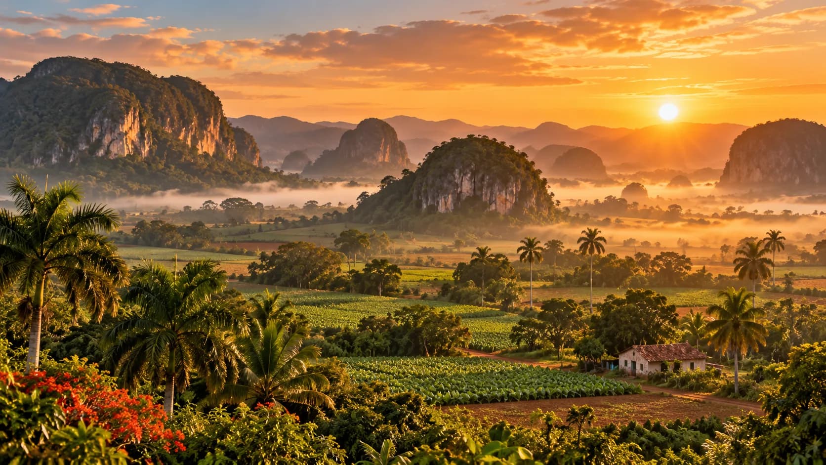 Mogotes and tobacco fields at sunrise in the Viñales Valley, Cuba